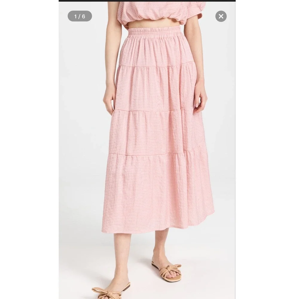 EN SAISON |‎ Peach Pink Sparkle Tiered Boho Feminine Stripe Midi Skirt, Size S